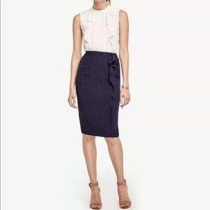 Ann Taylor navy pencil skirt with side ruffle. 00P